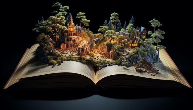 Un livre d'histoires ouvert avec l'image de l'histoire sur le dessus du livre en 3D