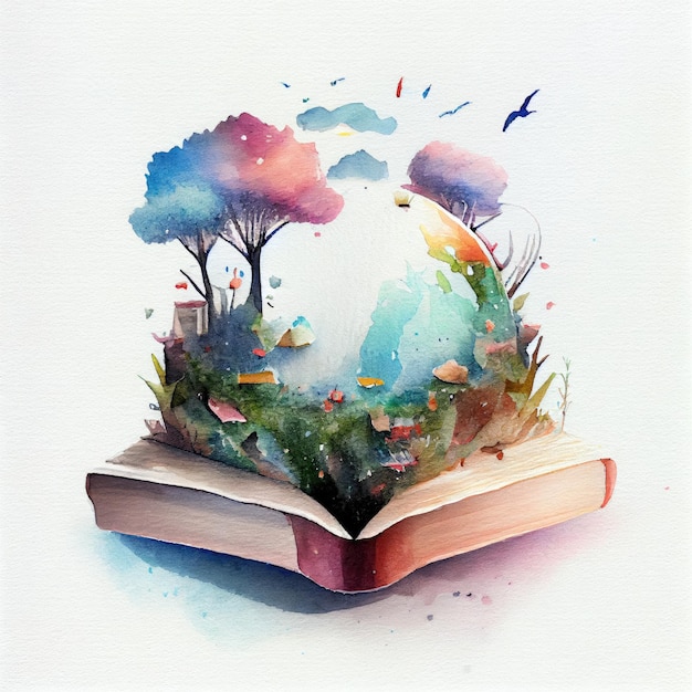 Un livre avec une image d'une forêt et un oiseau volant au-dessus.