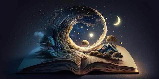 Livre de lecture croissant de lune ciel étoilé fantaisie concept d'illustration de conte de fées rêveur