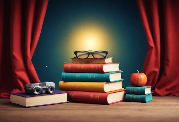 un livre avec des lunettes au-dessus et un livre avec une paire de lunettes en haut