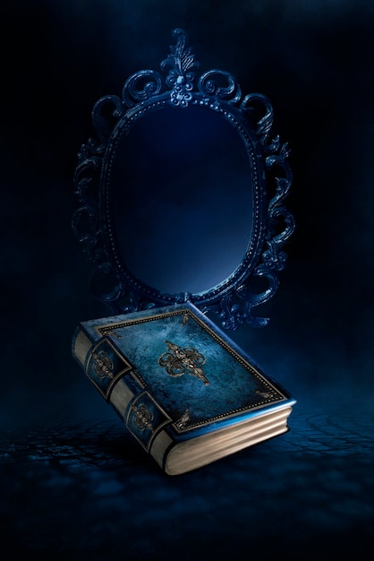 Livre magique de fantaisie vintage sur fond sombre, miroir magique de prédictions et de divination, fumée, brouillard, clair de lune néon dans l'obscurité. illustration 3D.