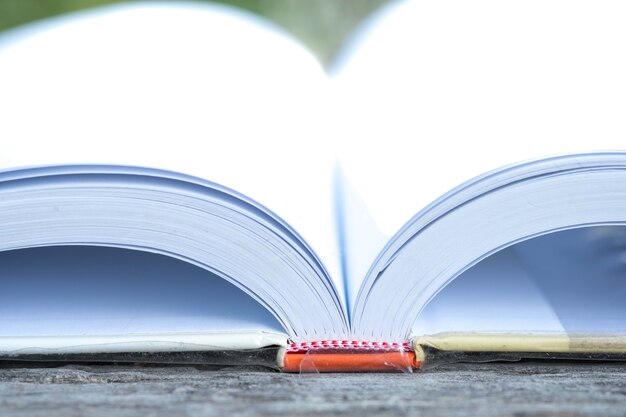 Livre à moitié ouvert sur une table en bois avec fond de nature