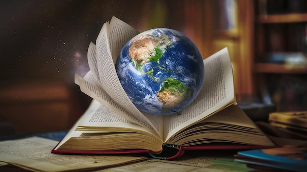 un livre avec un monde dessus et la terre sur les pages