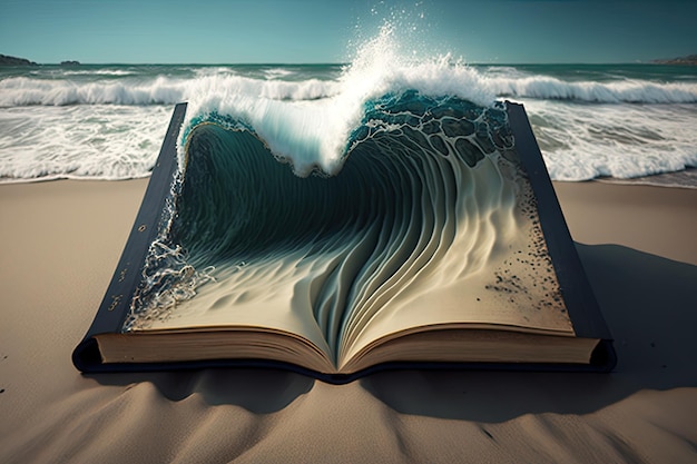 Un livre mystérieux qui apparaît sur une plage avec les vagues qui s'en éloignent lentement