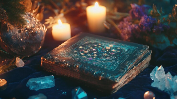 Photo le livre mystique et les bougies