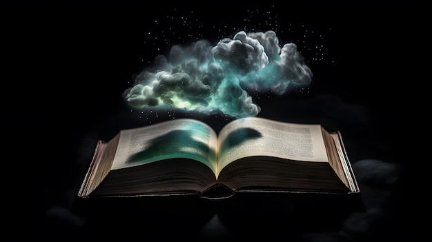 Un livre avec un nuage dessus qui dit "magique"