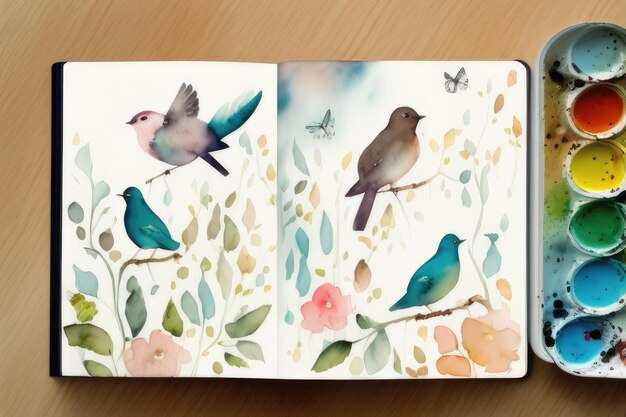 Un livre avec des oiseaux dessus et une fleur à gauche