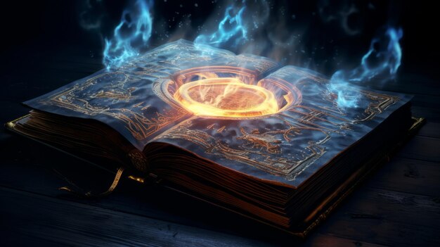 Un livre ouvert avec un anneau lumineux sur le dessus symbolisant la connaissance et l'illumination