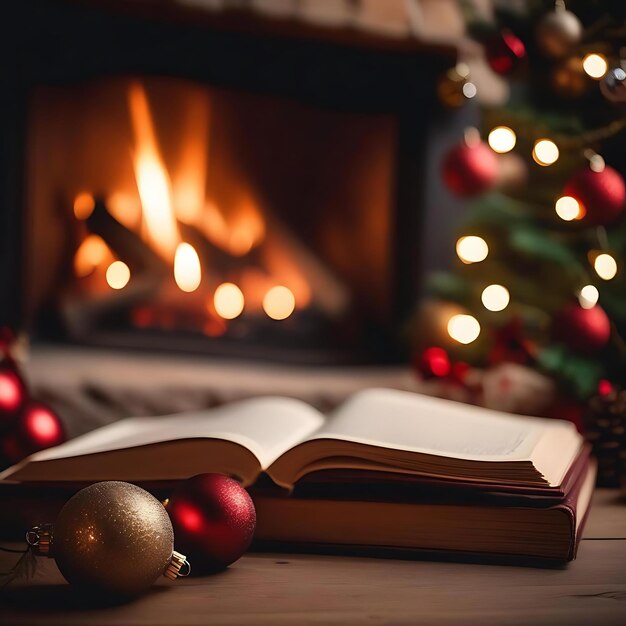 Photo un livre ouvert à un arbre de noël avec un feu en arrière-plan