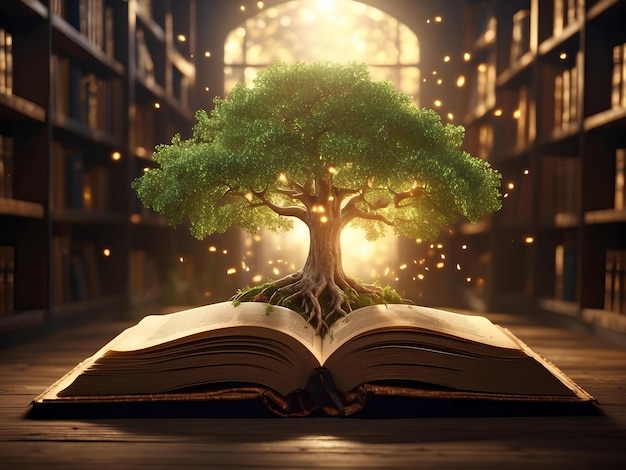 un livre ouvert avec un arbre qui en pousse