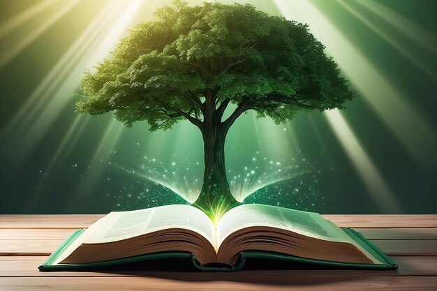 Livre ouvert avec un arbre vert magique et des rayons de lumière sur un pont en bois