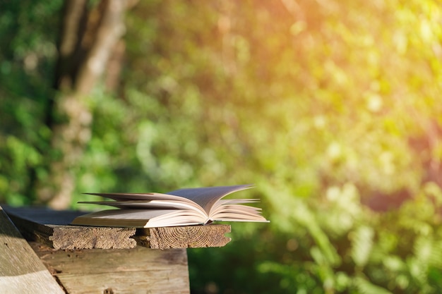 Livre ouvert sur un banc en bois à l'extérieur