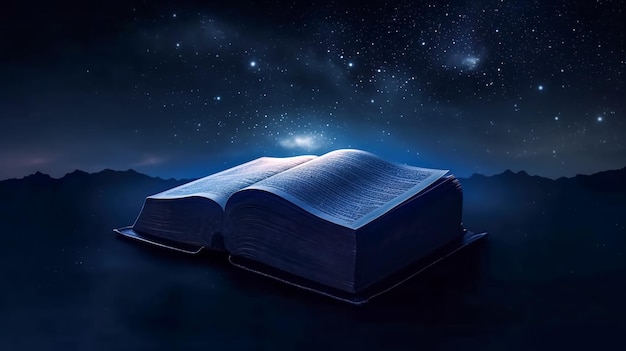 Livre ouvert bible et lumière sur fond bleu génératif ai
