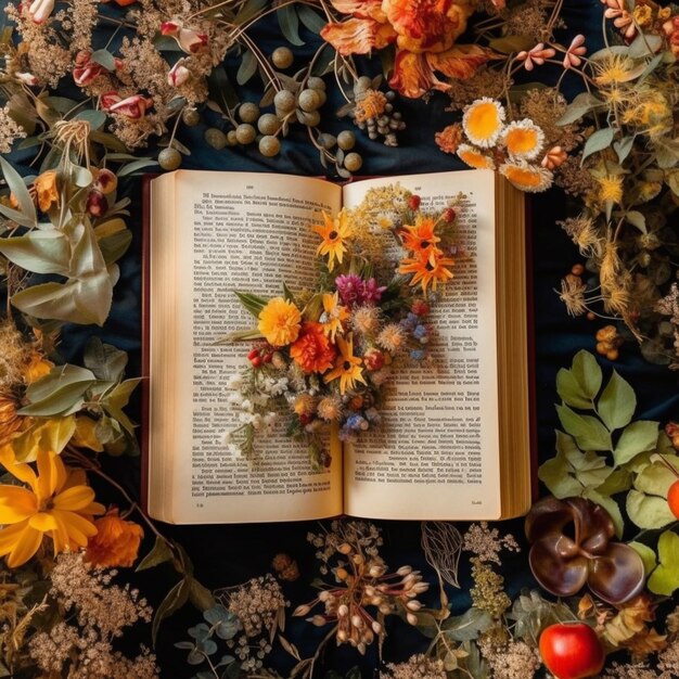 un livre ouvert avec un bouquet de fleurs sur le dessus