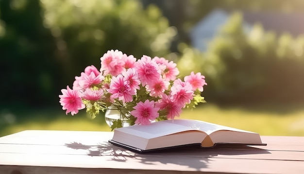 Livre ouvert et brindille avec des fleurs en été dans le jardin