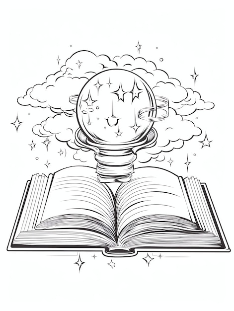 Livre ouvert avec une bulle de pensée d'un monde fantastique vers de livre page de coloriage en noir et blanc