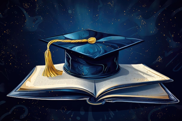 un livre ouvert avec une casquette de graduation sur le dessus