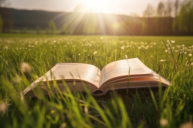 Livre ouvert sur le champ d'herbe et le fond de pré