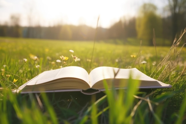 Livre ouvert sur le champ d'herbe et le fond de pré