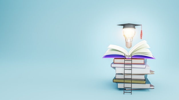 Livre ouvert avec chapeau de graduation sur ampoule. Éducation, apprentissage à l'école et à l'université ou concept d'idée. illustration 3D