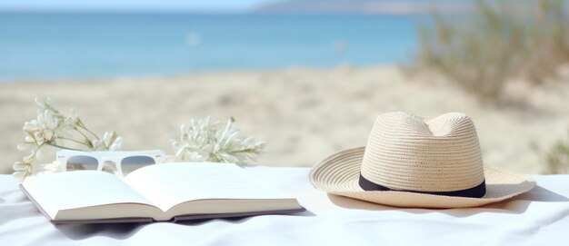 Livre ouvert et chapeau sur la plage