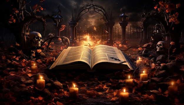 Un livre ouvert contient une scène avec une image d'une tombe d'Halloween