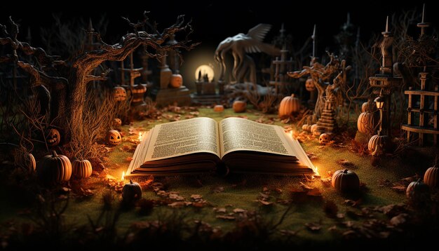 Photo un livre ouvert contient une scène avec une image d'une tombe d'halloween