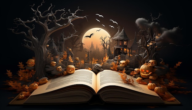 Photo un livre ouvert contient une scène avec une image d'une tombe d'halloween