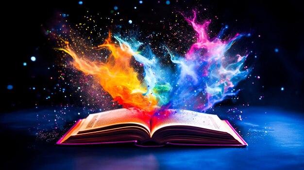 Un livre ouvert en couleurs vives avec des pages lumineuses Un livre magique et enchanteur pour l'éducation