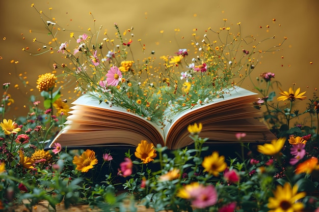 Un livre ouvert dans un champ de fleurs