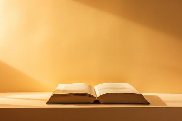 Un livre ouvert dans un studio minimal tourné sur un mur d'or beige et une table en bois avec la lumière du soleil Bibliothèque noyau passe-temps d'automne