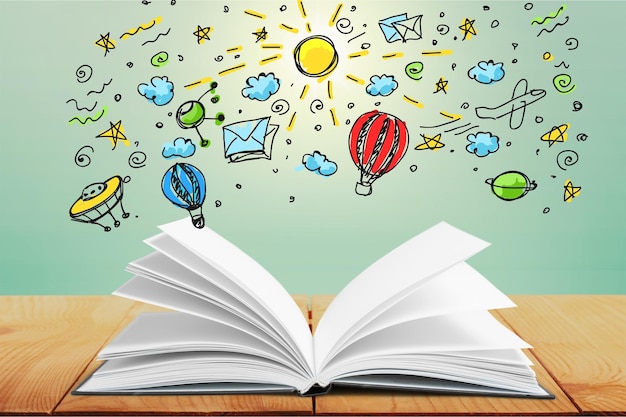 Livre ouvert avec dessin sur tableau en bois
