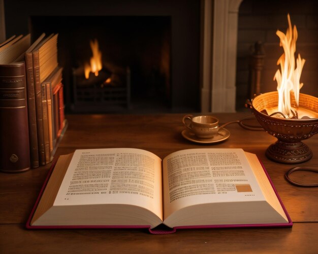 Un livre ouvert sur un feu sur une table avec un feu en arrière-plan.