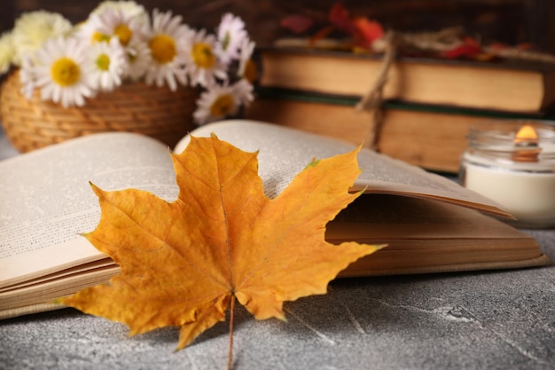 Livre ouvert feuille d'automne et bougie parfumée sur table texturée gris clair libre