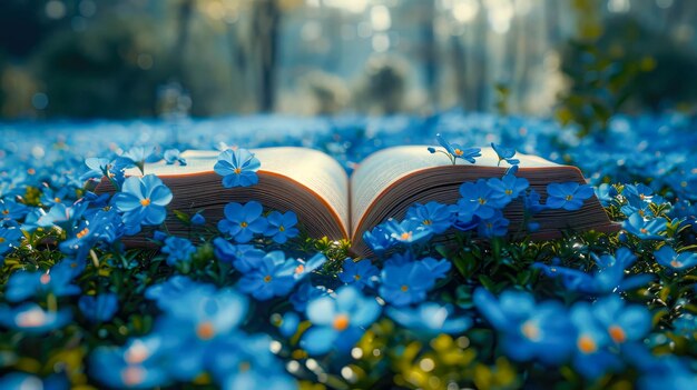 Livre ouvert avec des fleurs bleues dans le jardin Concept de printemps