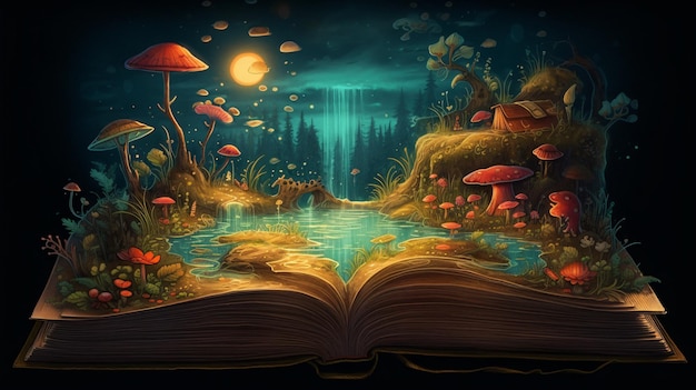 Un livre ouvert avec un lac et des champignons