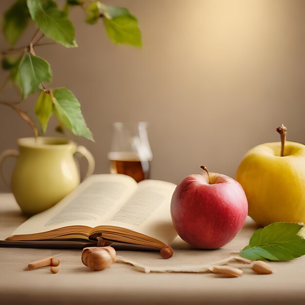 un livre ouvert à un livre avec une plante et des fruits sur la table