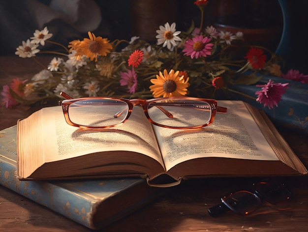 Livre ouvert avec lunettes de lecture et lecture de fleurs tendres et jour du concept de livre généré par ai élevé