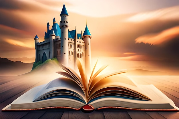 Livre ouvert avec un monde fantastique qui sort Une illustration de château sur un livreGenerative