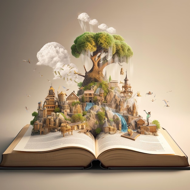 Photo un livre ouvert avec un monde imaginatif qui sort.