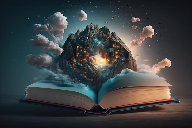 Livre ouvert avec le monde de la nature magique de la maison et du ciel