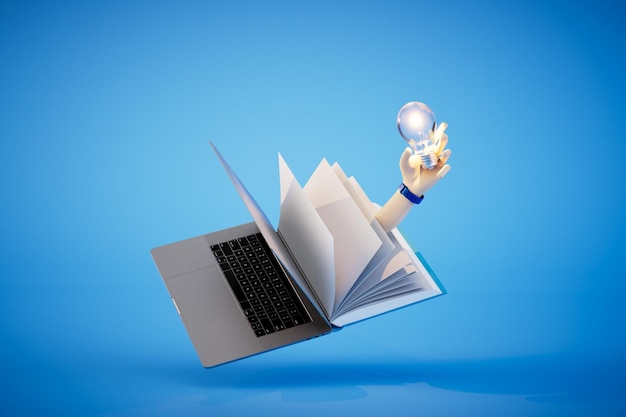 Un livre ouvert et un ordinateur portable et une main dans laquelle se trouve une ampoule sur un rendu 3D de fond bleu