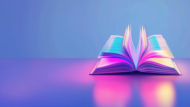 Un livre ouvert avec des pages brillantes en couleurs pastel rose et bleu clair rendu 3D