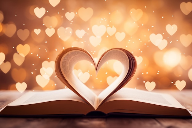 Un livre ouvert avec des pages en forme de cœur sur un fond clair bokeh ressentant l'amour et la romance