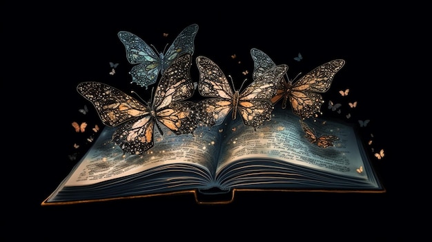 Livre ouvert avec des papillons sur fond noir ai générative