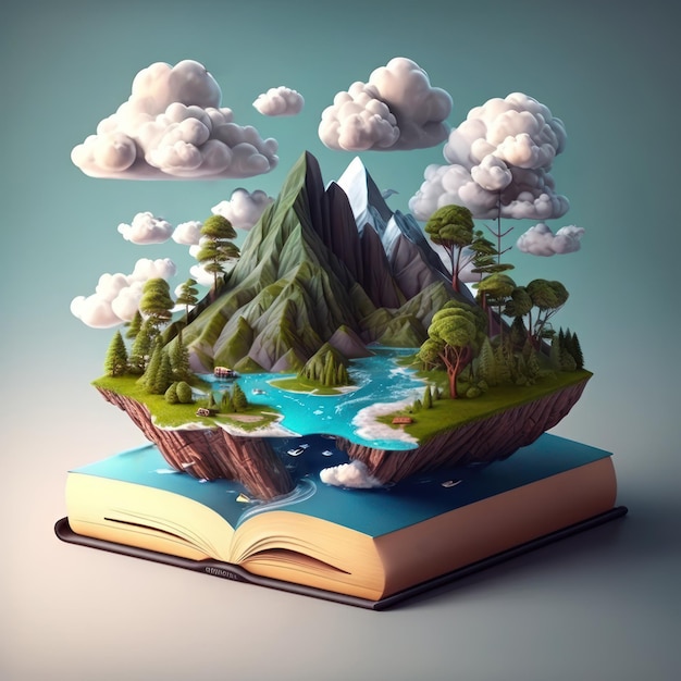 Livre ouvert avec paysage de montagne et nuages dessus Illustration de l'IA générative