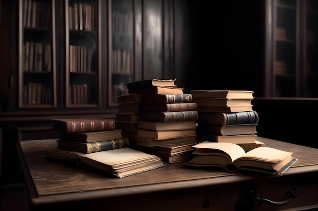 Livre ouvert et piles de vieux livres sur un bureau en bois dans l'ancienne bibliothèque Generative AI