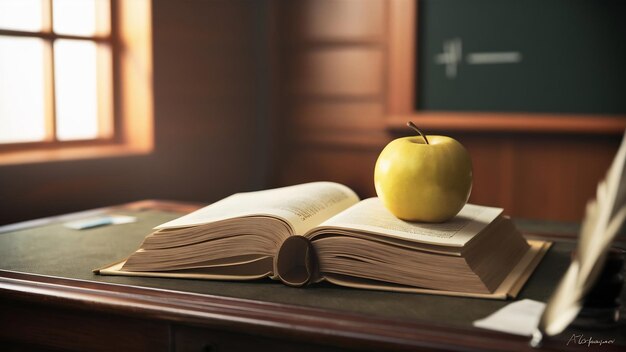 Livre ouvert avec une pomme sur le bureau près du tableau à craie