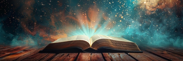 Un livre ouvert rayonnant la lumière représentant l'illumination de la connaissance que l'on trouve dans les Écritures.