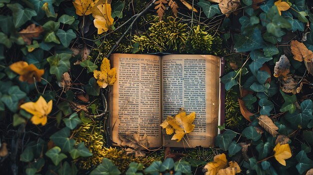 Un livre ouvert repose au milieu d'un lit de mousse et de feuilles tombées le livre est vieux et usé avec une colonne vertébrale fissurée et des pages jaunâtres